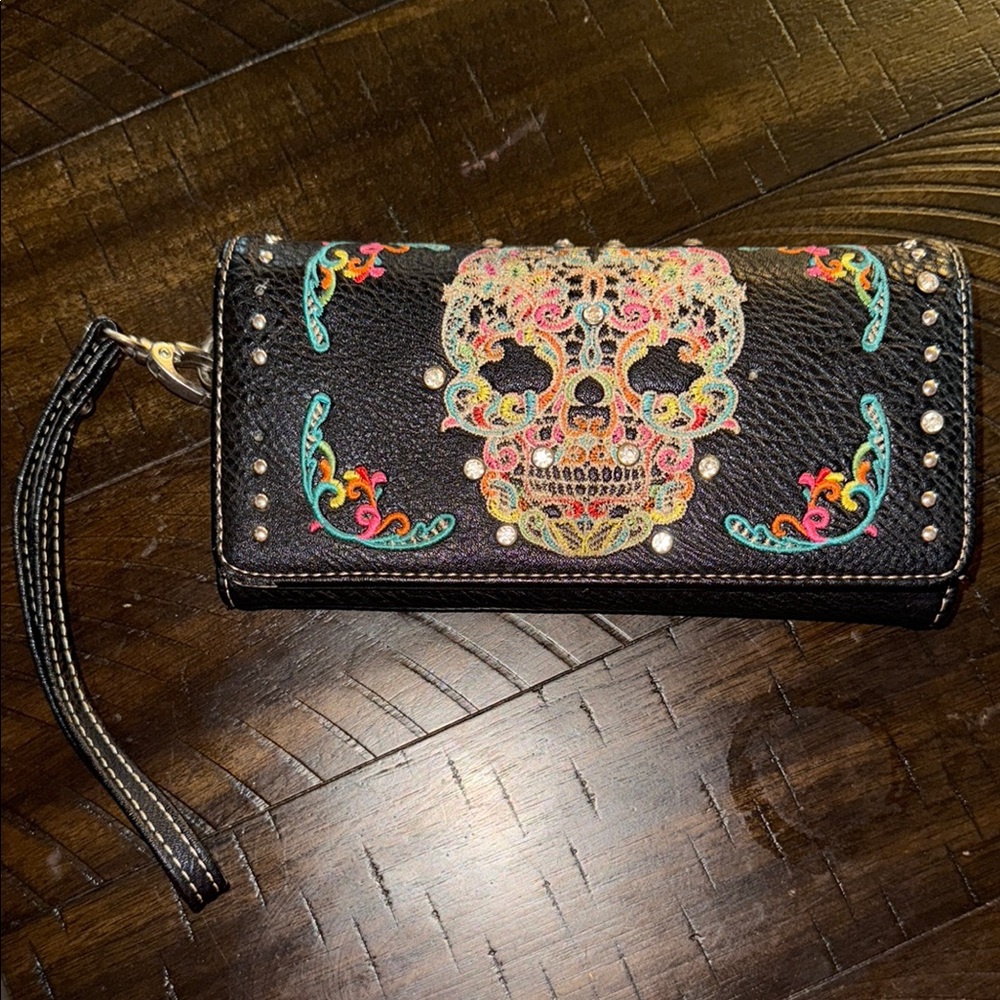 Embroidered Black Wristlet with Skull Design